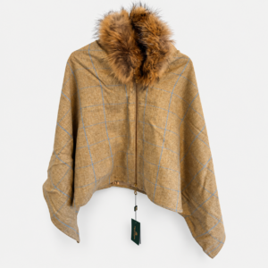Holland Cooper Shortbread tweed cape with blue check and real fur trim, tags attached
