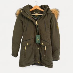 Holland Cooper khaki Mountaineer Parka, size XS, with fur-trimmed hood and tags