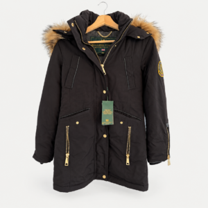 Holland Cooper black Mountaineer Parka, size XS, with fur-trimmed hood and tags