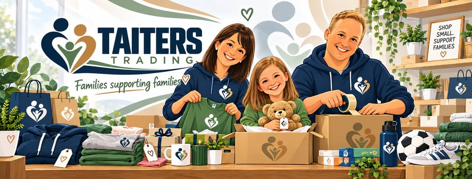 A family packing clothing orders for Taiters Trading. Families supporting families.